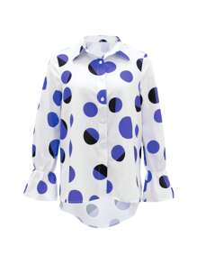 Bluzka z długim rękawem, nadrukiem w kropki, falbaną i asymetrycznym dołem, z długim rękawem i wiosenno-jesiennym wzorem