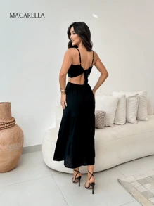 MACARELLA Women's Set Midi Skirt And Cropped Top With Thin Straps And Tie - màu đen - Xem 2