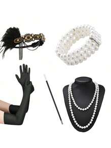 Set de 6 accesorii și pălării la modă în stil Paște/anii 1920, inclusiv bentiță cu pene, mănuși, colier lung cu perle artificiale, suport pentru țigări, brățară cu 3 rânduri de perle artificiale pentru petrecere, spectacol, costum de Ziua Mamei și Halloween