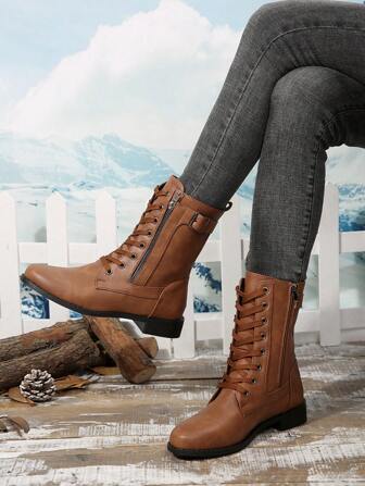 Fall/Winter 2025 Perfect With Dresses For Women,New Fashion Brown Chunky Heel Mid-Calf Boots For Women