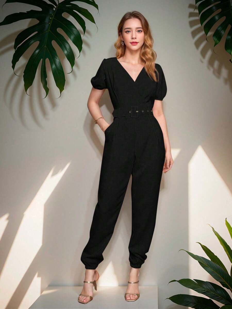 Linen Jumpsuit With Puff Sleeves - 黑色 - 查看 1