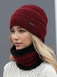 1 pieza Conjunto de gorro de punto y bufanda térmica de unicolor para mujer/hombre, apto para uso en exteriores, calles y uso diario en otoño/invierno, gorro unisex de moda, regalo ideal
