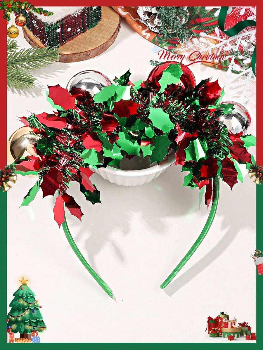 1pc Christmas Cute Colorful Round Ball Headband, Red & Green Reindeer