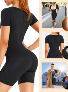 1pc, Autumn/Winter Outdoor Or Indoor Fitness Running Jumpsuit, Zipper Short Sleeved Shorts Jumpsuit, Yoga Exercise Sportswear - Black - View 5