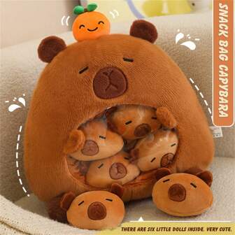 Keylingwd Bolsa de aperitivos de 13.7*13.7 pulgadas con muñeco de peluche de Capibara, que incluye seis muñecos pequeños en su interior. Juguetes de peluche para niños, regalos de cumpleaños para niños y niñas, muy lindos, suaves y cómodos. Relleno de peluche, regalo perfecto para fiestas y cumpleaños, cojines decorativos para sofás de la sala de estar.
