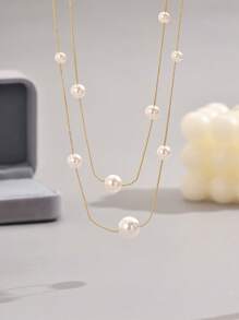 LIEBEIRIS LIEBEIRIS 18K Gold Plated Double Layer Large & Small Pearl Necklace, Stainless Steel, Suitable For Daily Wear And Gift