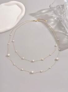 LIEBEIRIS LIEBEIRIS 18K Gold Plated Double Layer Large & Small Pearl Necklace, Stainless Steel, Suitable For Daily Wear And Gift