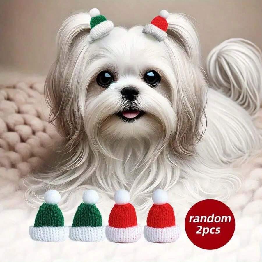 2 Sets Dog Hair Clips Red & Green Christmas Hat, Suitable For
