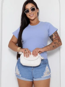 Blouse T-Shirt Blouse Women's Plain Short Sleeve U-Neck Assorted Colors Basic Blouse - 淺藍色 - 查看 3