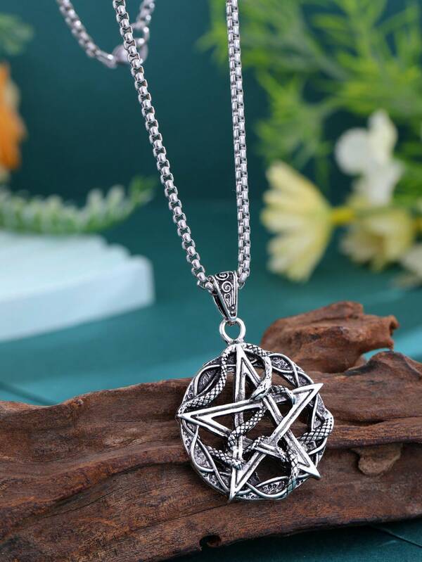 Nuevo collar de aleación con diseño de estrella de cinco puntas de estilo retro de pitón retorcido, con un toque avanzado del diablo satánico de las estrellas de cinco puntas, adecuado para usar en bares de viaje con estilo europeo y americano. Regalo del Día del Padre.