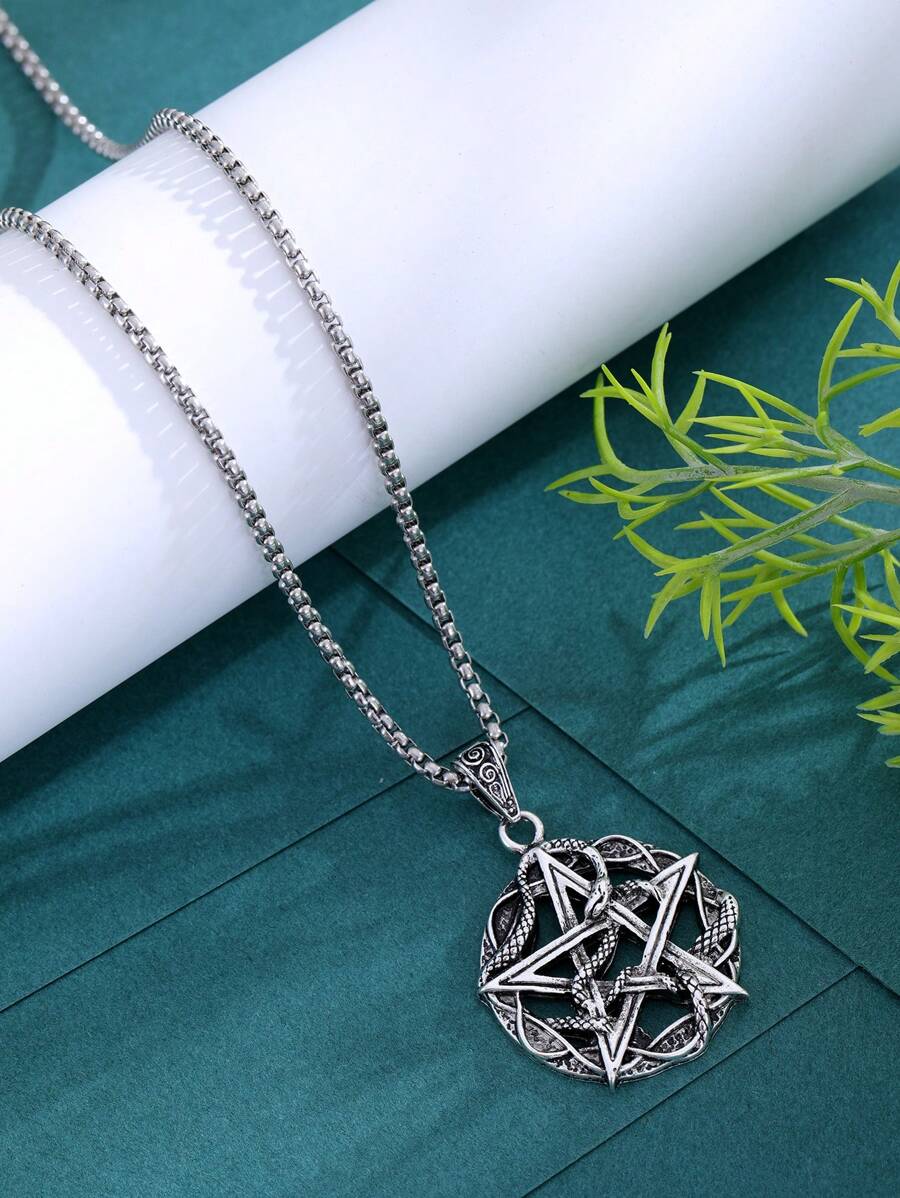Gothic Pentagram Snake Pendant Necklace, Women's Silver Tone Alloy Witchcraft Style Halloween Daily Party Personalized Gift Jewelry - Antique Silver - View 1