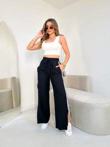 FASHION MO FEMININE- MK001 Women's Pants, High Waist, Elastic Waistband, Butterfly Knot, With Pockets And Stripes On The Sides, Slit In The Leg, Marrant Fabric, Elegant, Formal, Modern, Casual, National Shipping New Spring Collection - 黑色 - 查看 5