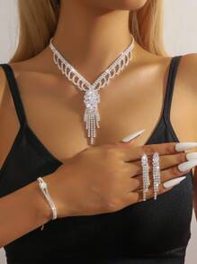 4 件套复古欧美风格锆石流苏花朵项链耳环套装，时尚锁链项链，女士优雅珠宝套装 - 彩色 - 查看 14