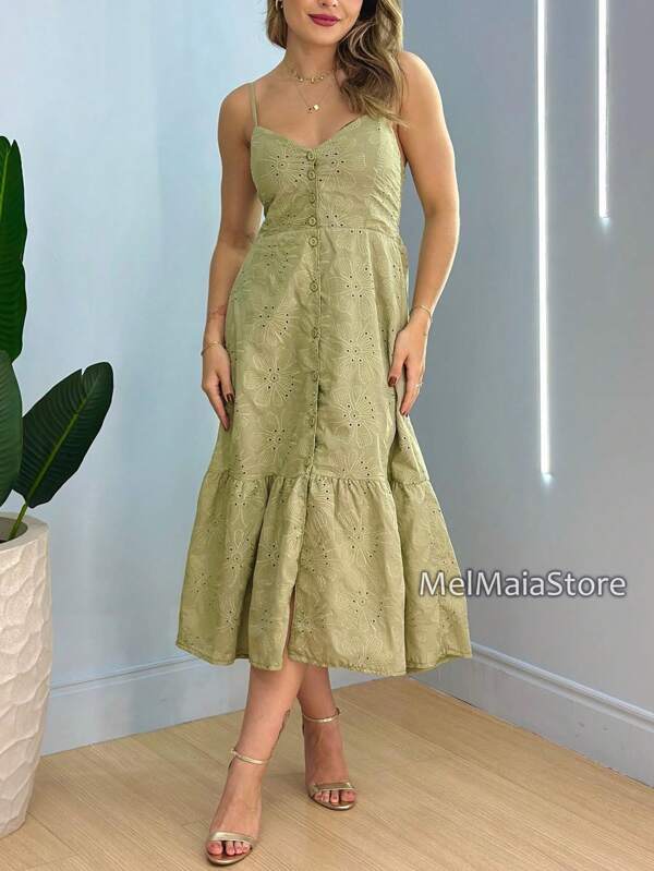 Vestido Verde mídi Longuete em Lese, botões na frente que abrem, babados, alcinha e bojo