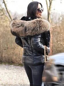 Fashionable Glossy Fluffy Collar Hooded Padded Coat, Zipper Closure Padded Coat