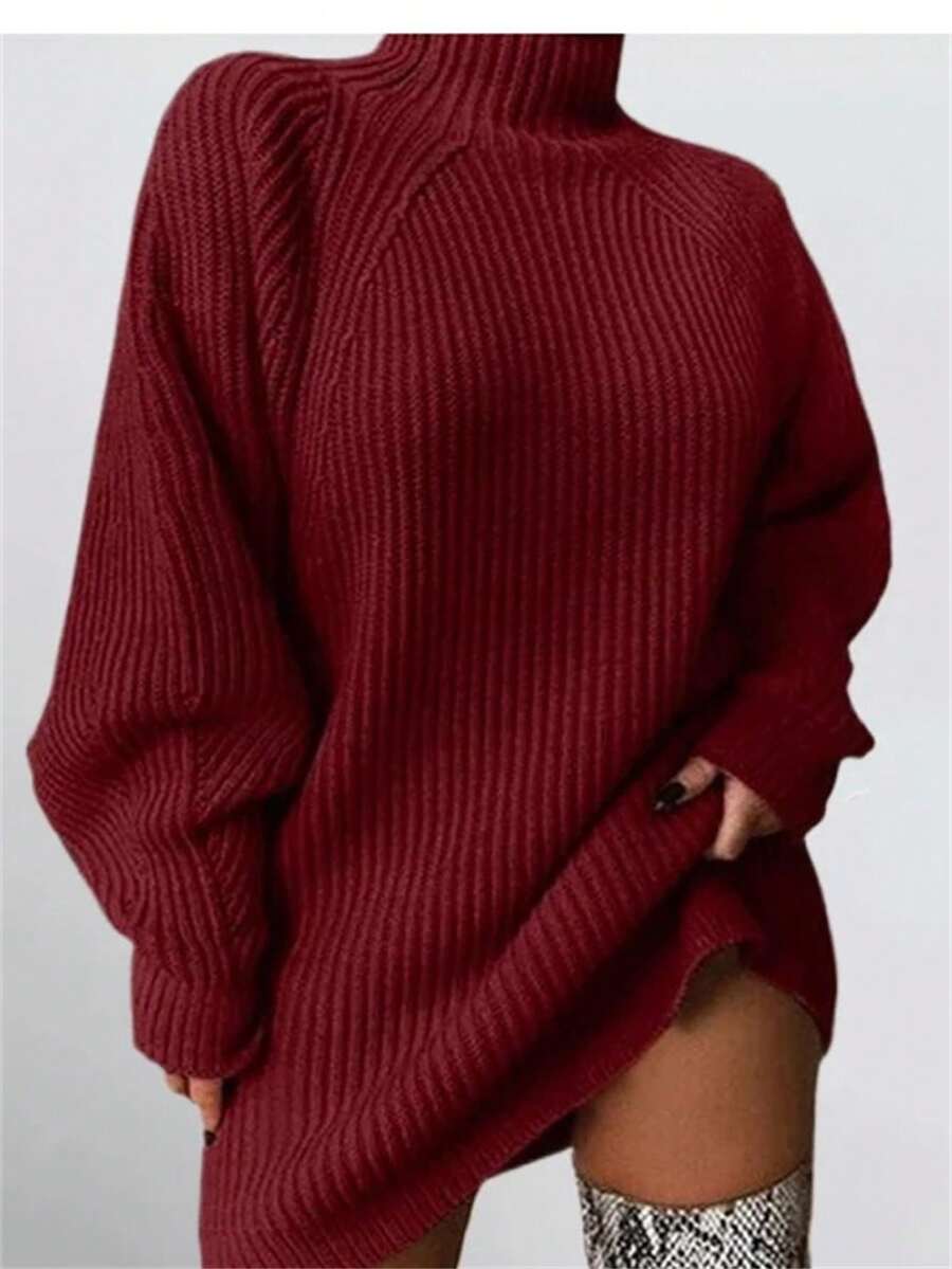 Plus Size Jednolity Kolor Damska Mini Sukienka Sweter Z Długim Rękawem Dzianinowa