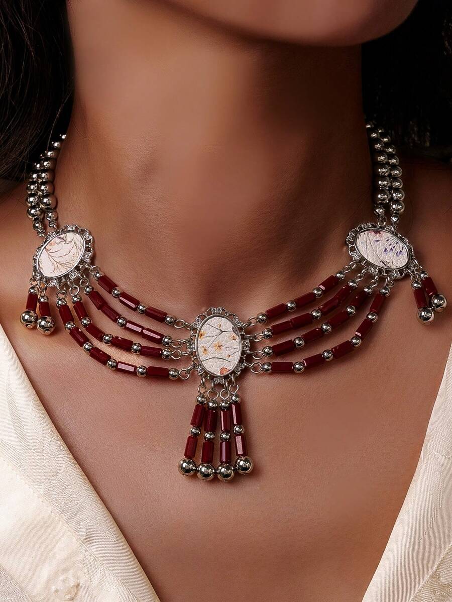 重工打造的奢华新娘首饰套装，配有圣诞红项链，适合女性婚礼和派对 - 酒紅色 - 查看 1