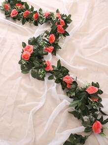 1PC 仿真玫瑰藤花篮婚礼装饰生日派对聚会现场装饰家居餐厅卧室窗台装饰藤蔓情人节装饰新年装饰户外花园 - 橘色 - 查看 3