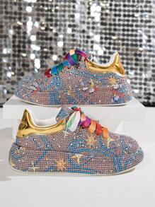 女士闪亮水钻 Bling Bling 闪亮运动鞋，适合派对/舞蹈/街头/跑步，亮片可爱熊装饰轻便休闲鞋，红色和白色可选，适合秋季 - 金色 - 查看 6