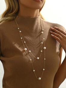 LIEBEIRIS LIEBEIRIS 18K Gold Plated Double Layer Large & Small Pearl Necklace, Stainless Steel, Suitable For Daily Wear And Gift