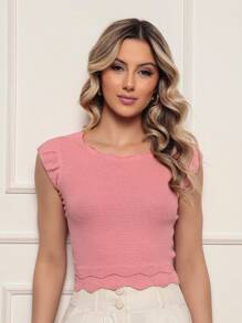 ONLYONE - JAPANESE MODAL SLEEVE CROPPED TOP WITH WAVE DETAIL HEM -  FIMINAS TOPS KNIT TOPS - Pastel Pink - View 1
