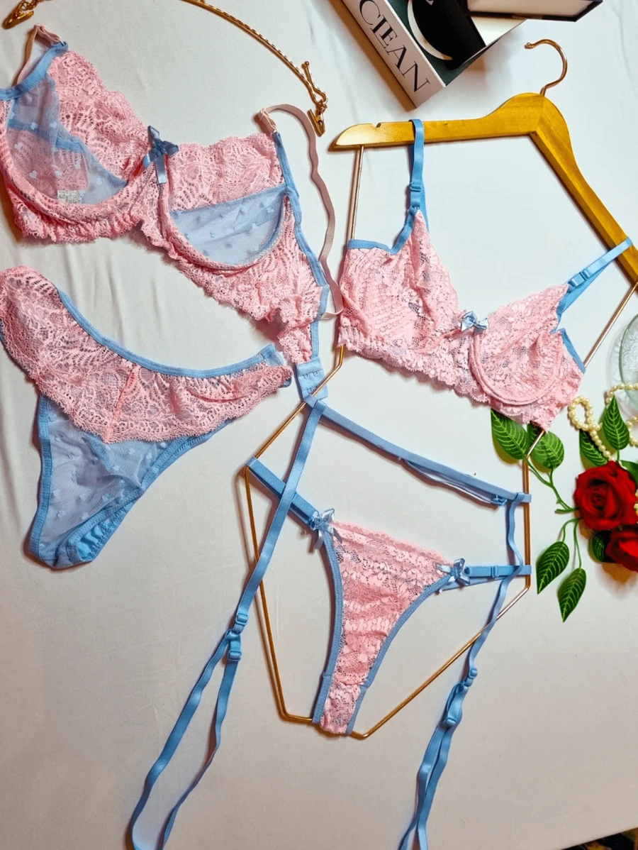 KIT Sensual Lingerie Tulle Lace + Secret Love Garter - 淺粉色 - 查看 1