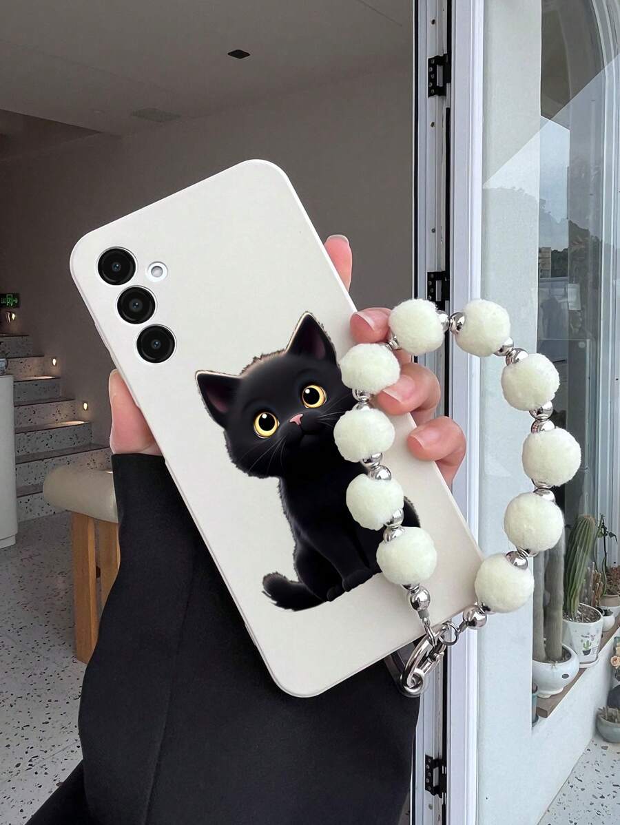 1 Pc Black TPU Cartoon Cat Pattern Shockproof Phone Case & 1 Pc Black Faux Fur Ball Bracelet Compatible With IPhone/Android///OPPO/Redmi Phones - White - View 1