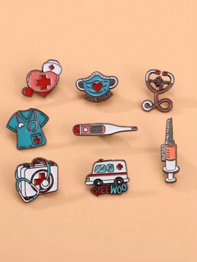 8 件医疗用品系列卡通胸针、救护车、注射器、听诊器、医疗箱、徽章情人节情人节礼服配饰衣服别针包饰学校办公室配饰衬衫夹克珠宝圣诞节万圣节衣服别针有趣可爱教师礼物