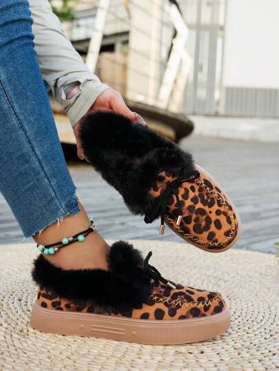 New Thick Sole Waterproof Warm Retro Women Boots, Non-Slip Ankle Snow Boots, Soft Bottom, Leopard, Suitable For Spring, Autumn & Winter, Couples Model