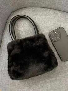 毛茸茸的女士手提包，可爱的毛绒手提包，优雅潮流的女士单肩斜挎包，时尚水桶包，适合冬季外出 - 黑色 - 查看 4