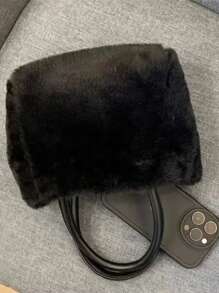 毛茸茸的女士手提包，可爱的毛绒手提包，优雅潮流的女士单肩斜挎包，时尚水桶包，适合冬季外出 - 黑色 - 查看 3