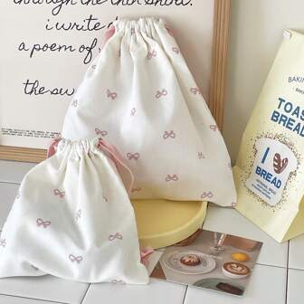Cute Bowknot Canvas Drawstring Pouch, Simple Cord Knot Storage Bag, Multipurpose Gather Pouch For Home & Travel, Unisex Organizer Organization