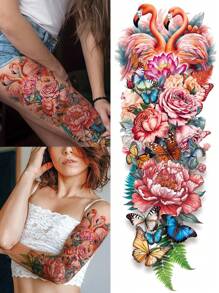 1 张超大全臂尺寸人体艺术临时纹身贴纸，男女皆宜，彩色动物逼真风格粉色火烈鸟玫瑰花朵蝴蝶图案，防水假袖纹身，持续 2-5 天，遮盖疤痕，可用于手臂手腕肩腿腰颈手胸部大腿手指，最佳朋友情侣派对纹身 - 彩色 - 查看 9
