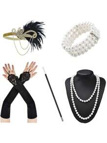 Set de 6 accesorii și pălării la modă în stil Paște/anii 1920, inclusiv bentiță cu pene, mănuși, colier lung cu perle artificiale, suport pentru țigări, brățară cu 3 rânduri de perle artificiale pentru petrecere, spectacol, costum de Ziua Mamei și Halloween