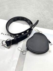 1pc Girls Heart Buckle Belt With Mini Detachable Pouch - Casual Punk Style PU Leather Waist Belt