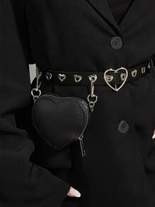 1pc Girls Heart Buckle Belt With Mini Detachable Pouch - Casual Punk Style PU Leather Waist Belt