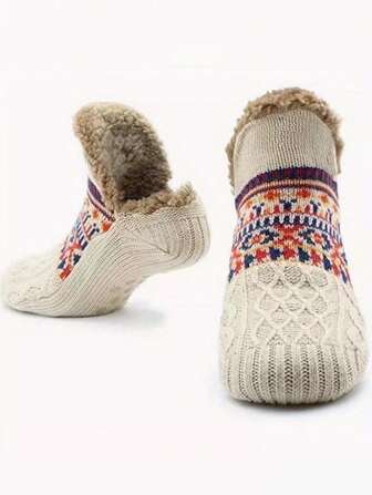 Briartw 1Pair Men's Cozy Knit Slipper Socks - Non-Slip, Warm Thermal Lined Indoor Floor Socks With Geometric Pattern, Couple Socks