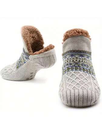 Briartw 1 par de calcetines tipo pantufla tejidos cómodos para hombres - Calcetines térmicos forrados antideslizantes con patrón geométrico para usar en interiores, calcetines de pareja