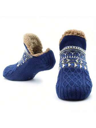 Briartw 1Pair Men's Cozy Knit Slipper Socks - Non-Slip, Warm Thermal Lined Indoor Floor Socks With Geometric Pattern, Couple Socks