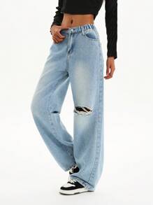 青春期前/青春期女孩休闲宽松阔腿破洞牛仔裤，时尚直腿裤 - 藍色 - 查看 6