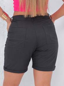 Women's Linen Bermuda Shorts, Long, High Waist, With Front Pocket And Zipper, Elegant - màu đen - Xem 2