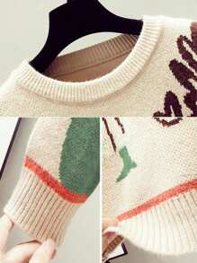 Cartoon Pattern Long Sleeve Knit Sweater, Elegant Texture Knit Top, Women Wear, No Skirt, Spring Season - Khaki - View 3