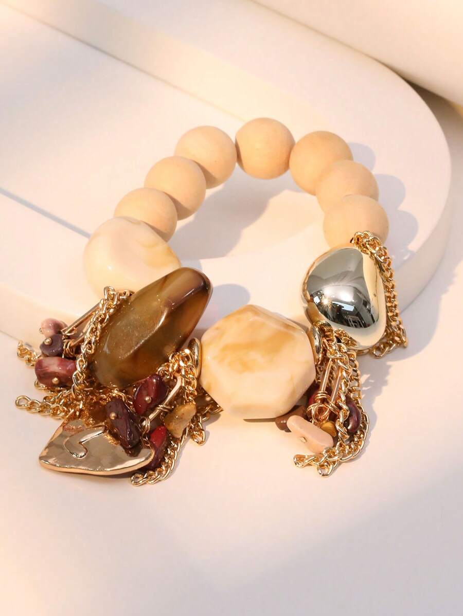 1 件夸张大地色咖啡树脂不对称心形吊坠流苏手链，适合女性晚会和日常佩戴情人节、妈妈、母亲、母亲节、礼物 - 咖啡 - 查看 1