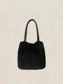 毛茸茸的女士手提包，可爱的毛绒手提包，优雅潮流的女士单肩斜挎包，时尚水桶包，适合冬季外出 - 黑色 - 查看 1