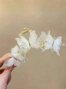 1pc Women's Oversized Pearl & Rhinestone Butterfly Hairclip, Sweet & Lovely Bun Hairstyle Decor, Pink Color Accessory, Elegant Bohemian Style For Daily Casual Outing & Party - Beige - View 5