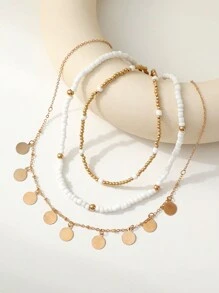 3 件金属质感珍珠珠和圆盘吊坠项链套装（圆盘数量随机） - 金黃色 - 查看 3