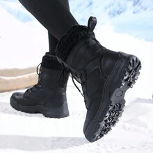 Modische Damen Wadenhoch Schneestiefel, hochwertige Outdoor Schnürstiefel mit rutschfester Sohle für Sport und Wandern, lässige warme thermisch gefütterte Kurzstiefel, Schwarz - Schwarz - Übersicht 3