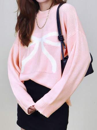 女士蝴蝶结装饰圆领长袖简约套头针织毛衣