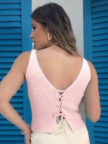 Cropped Top Modal Knit Tank Top Tie New Release - Màu Hồng baby - Xem 3