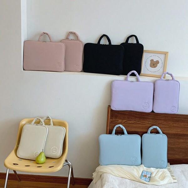 Jednolita kolorowa haftowana uśmiechnięta buźka 13,3/14-calowa torba na laptopa, etui na tablet 10,2/11-calowy, słodka haftowana uśmiechnięta buźka torebka aktówka, wyściełana duża pojemność torba na dokumenty na laptopa, tablet, pliki, książki, odpowiednia do szkoły, pracy i dojazdów